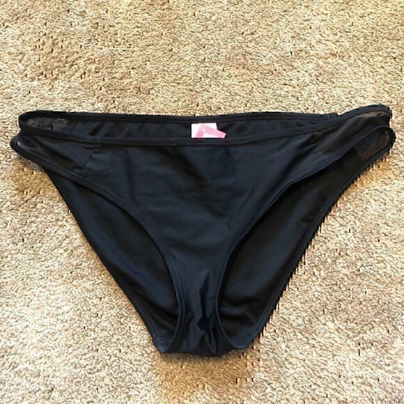 NEW NWT XHILARATION Mesh Inset Bikini Bottom Solid Black Semi Sheer Bikini XL - Picture 2 of 7